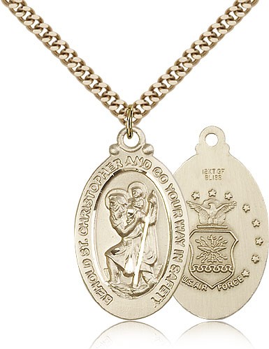 St. Christopher Air Force Medal, Gold Filled - 24&quot; 2.4mm Gold Plated Endless Chain