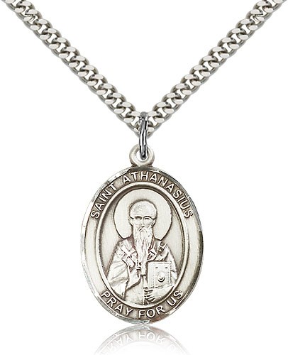 St. Athanasius Medal, Sterling Silver, Large - 24&quot; 2.4mm Rhodium Plate Chain + Clasp