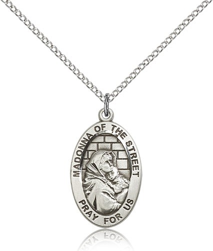 Madonna of the Street Medal, Sterling Silver - 18&quot; 1.2mm Sterling Silver Chain + Clasp
