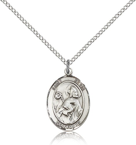 St. Kevin Medal, Sterling Silver, Medium - 18&quot; 1.2mm Sterling Silver Chain + Clasp