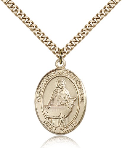 St. Catherine of Sweden Medal, Gold Filled, Large - 24&quot; 2.4mm Gold Plated Chain + Clasp