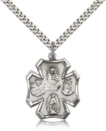 4 Way Cross Pendant, Sterling Silver - 24&quot; 2.4mm Rhodium Plate Endless Chain