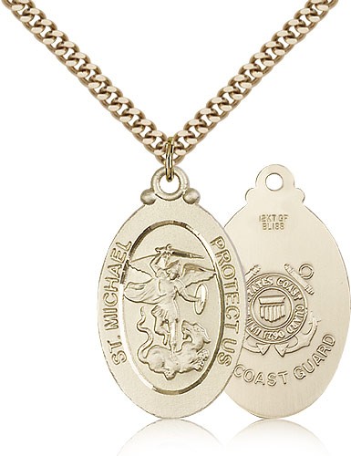St. Michael Coast Guard Medal, Gold Filled - 24&quot; 2.4mm Gold Plated Endless Chain