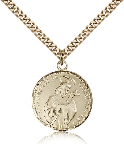 St. Francis of Assisi Medal, Gold Filled - 24&quot; 2.4mm Gold Plated Endless Chain