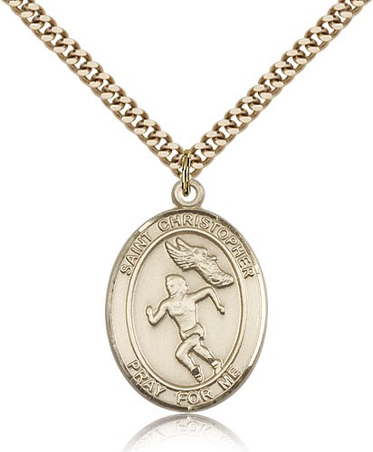 St. Christopher Track and Field Medal, Gold Filled, Large - 24&quot; 2.4mm Gold Plated Chain + Clasp