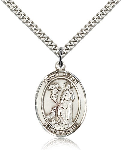 St. Roch Medal, Sterling Silver, Large - 24&quot; 2.4mm Rhodium Plate Chain + Clasp