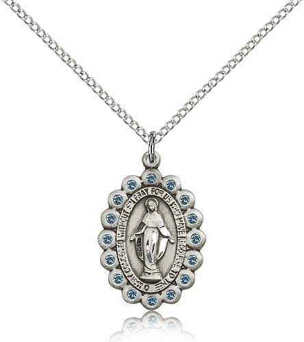 Miraculous Medal, Sterling Silver - 18&quot; 1.2mm Sterling Silver Chain + Clasp