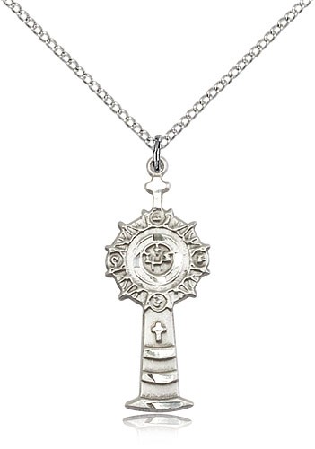 Monstrance Medal, Sterling Silver - 18&quot; 1.2mm Sterling Silver Chain + Clasp