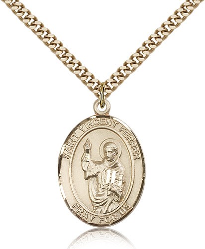 St. Vincent Ferrer Medal, Gold Filled, Large - 24&quot; 2.4mm Gold Plated Chain + Clasp
