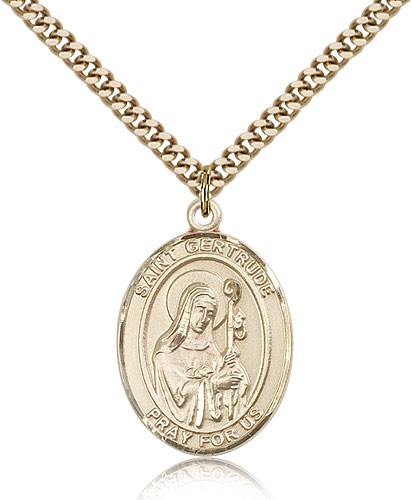 St. Gertrude of Nivelles Medal, Gold Filled, Large - 24&quot; 2.4mm Gold Plated Chain + Clasp