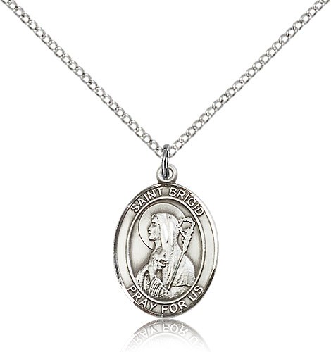 St. Brigid of Ireland Medal, Sterling Silver, Medium - 18&quot; 1.2mm Sterling Silver Chain + Clasp