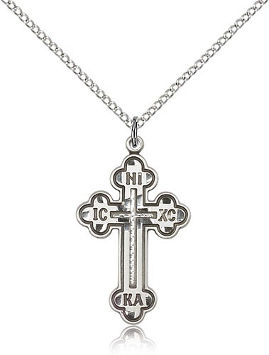 Russian Cross Pendant, Sterling Silver - 18&quot; 1.2mm Sterling Silver Chain + Clasp