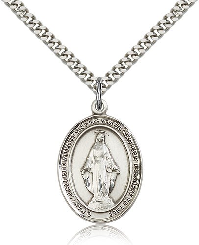 Miraculous Medal, Sterling Silver, Large - 24&quot; 2.4mm Rhodium Plate Chain + Clasp