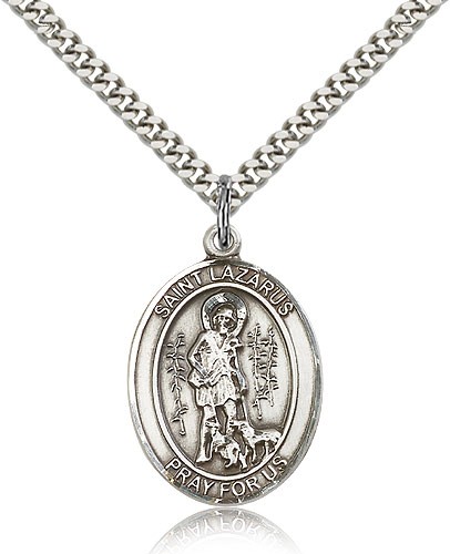 St. Lazarus Medal, Sterling Silver, Large - 24&quot; 2.4mm Rhodium Plate Chain + Clasp