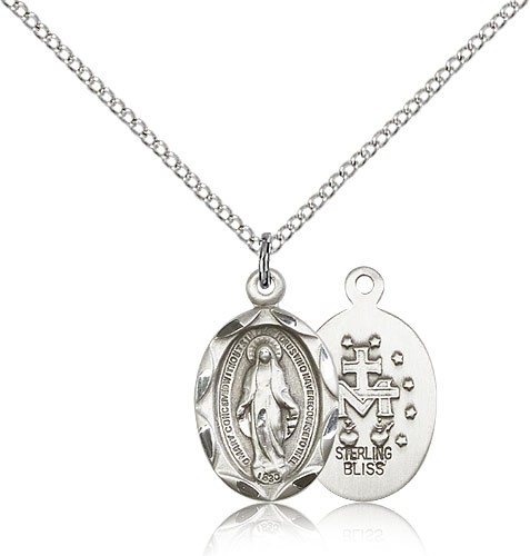 Miraculous Medal, Sterling Silver - 18&quot; 1.2mm Sterling Silver Chain + Clasp