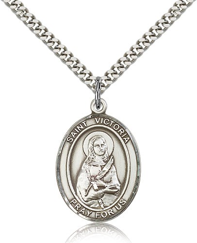 St. Victoria Medal, Sterling Silver, Large - 24&quot; 2.4mm Rhodium Plate Chain + Clasp