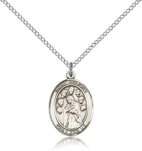 St. Felicity Medal, Sterling Silver, Medium - 18&quot; 1.2mm Sterling Silver Chain + Clasp