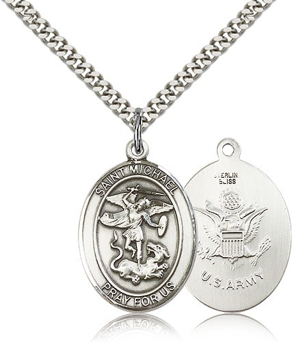 St. Michael Army Medal, Sterling Silver, Large - 24&quot; 2.4mm Rhodium Plate Chain + Clasp