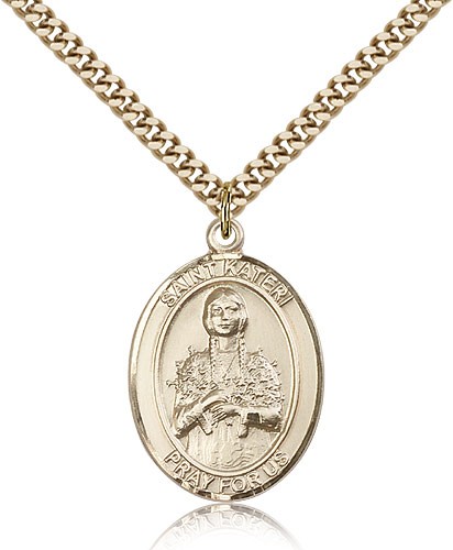 St. Kateri Medal, Gold Filled, Large - 24&quot; 2.4mm Gold Plated Chain + Clasp