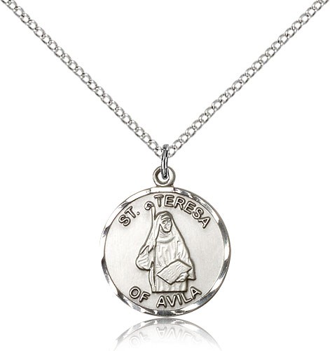 St. Theresa Medal, Sterling Silver - 18&quot; 1.2mm Sterling Silver Chain + Clasp