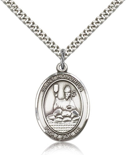 St. Honorius Medal, Sterling Silver, Large - 24&quot; 2.4mm Rhodium Plate Chain + Clasp