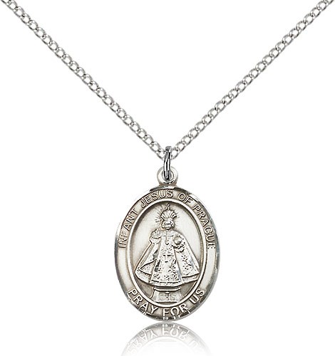 Infant of Prague Medal, Sterling Silver, Medium - 18&quot; 1.2mm Sterling Silver Chain + Clasp
