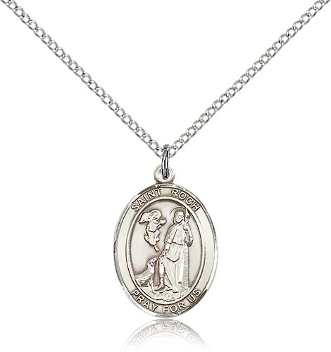 St. Roch Medal, Sterling Silver, Medium - 18&quot; 1.2mm Sterling Silver Chain + Clasp
