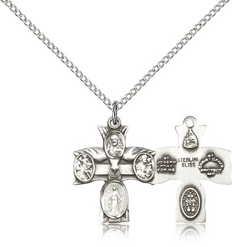 4 Way Cross Pendant, Sterling Silver - 18&quot; 1.2mm Sterling Silver Chain + Clasp