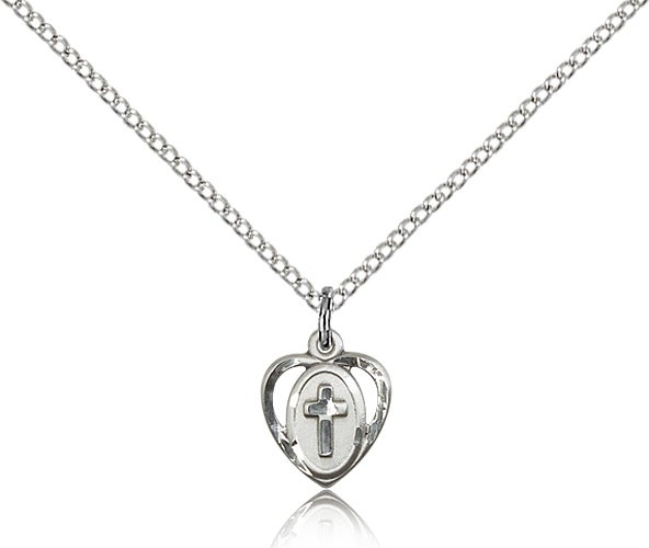 Heart Cross Pendant, Sterling Silver - 18&quot; 1.2mm Sterling Silver Chain + Clasp