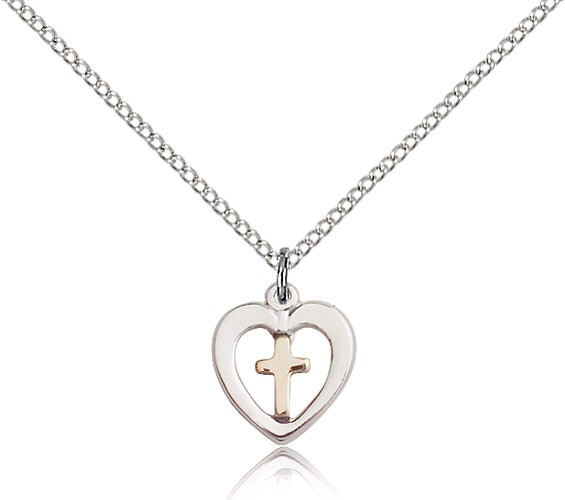 Heart Cross Pendant, Two-Tone - 18&quot; 1.2mm Sterling Silver Chain + Clasp