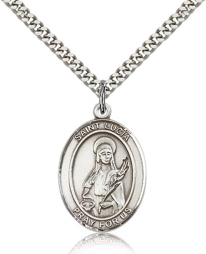 St. Lucia of Syracuse Medal, Sterling Silver, Large - 24&quot; 2.4mm Rhodium Plate Chain + Clasp