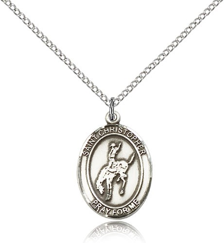 St. Christopher Rodeo Medal, Sterling Silver, Medium - 18&quot; 1.2mm Sterling Silver Chain + Clasp