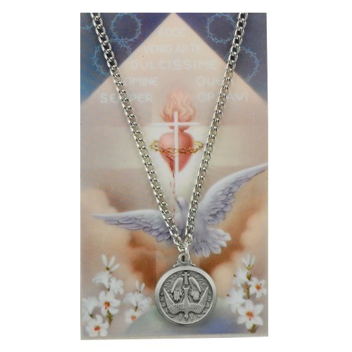 Round Holy Spirit Medal and Prayer Card Set - Silver-tone