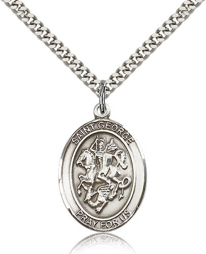 St. George Medal, Sterling Silver, Large - 24&quot; 2.4mm Rhodium Plate Chain + Clasp