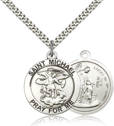 St. Michael the Archangel Medal, Sterling Silver - 24&quot; 2.4mm Rhodium Plate Endless Chain