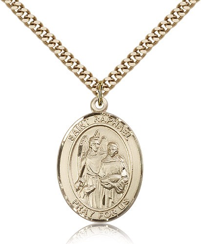 St. Raphael the Archangel Medal, Gold Filled, Large - 24&quot; 2.4mm Gold Plated Chain + Clasp