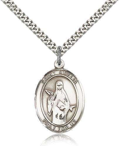 St. Amelia Medal, Sterling Silver, Large - 24&quot; 2.4mm Rhodium Plate Chain + Clasp