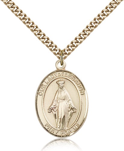 Our Lady of Lebanon Medal, Gold Filled, Large - 24&quot; 2.4mm Gold Plated Chain + Clasp