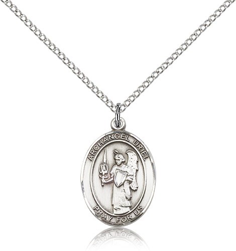 St. Uriel Medal, Sterling Silver, Medium - 18&quot; 1.2mm Sterling Silver Chain + Clasp