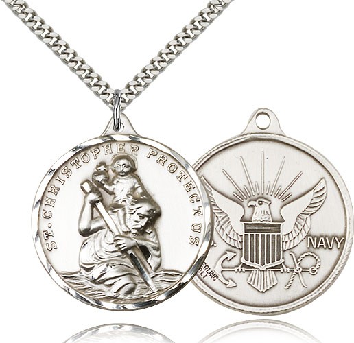 Large St. Christopher Navy Medal, Sterling Silver - 24&quot; 2.4mm Rhodium Plate Endless Chain