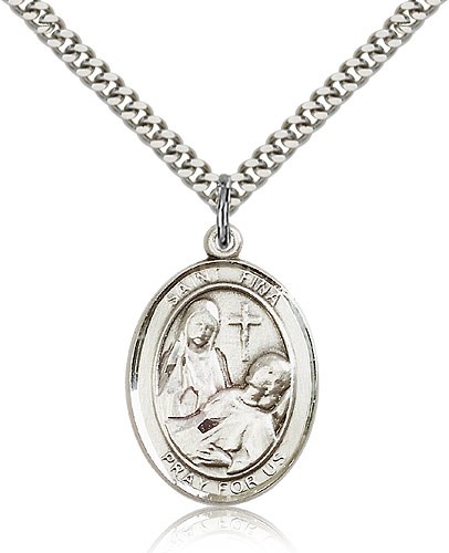 St. Fina Medal, Sterling Silver, Large - 24&quot; 2.4mm Rhodium Plate Chain + Clasp