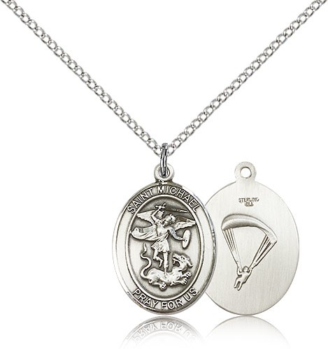 St. Michael Paratrooper Medal, Sterling Silver, Medium - 18&quot; 1.2mm Sterling Silver Chain + Clasp
