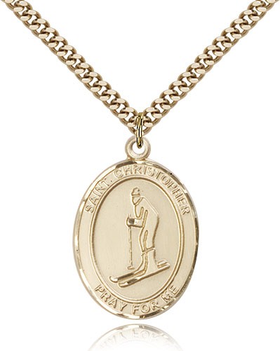 St. Christopher Skiing Medal, Gold Filled, Large - 24&quot; 2.4mm Gold Plated Chain + Clasp