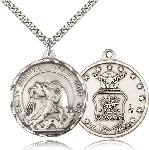 St. Joseph Air Force Medal, Sterling Silver - 24&quot; 2.4mm Rhodium Plate Endless Chain