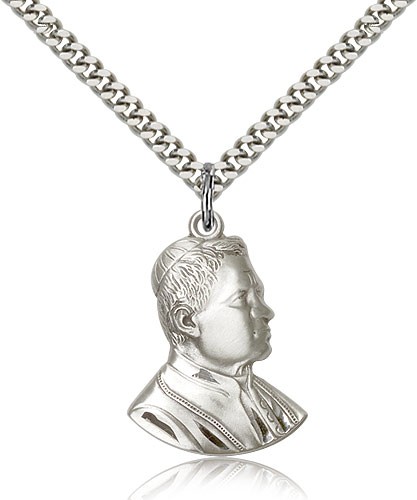 Saint Pius X Medal, Sterling Silver - 24&quot; 2.4mm Rhodium Plate Endless Chain