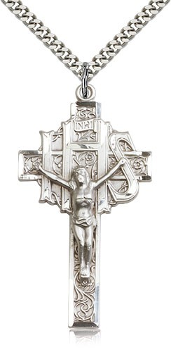 Crucifix Pendant, Sterling Silver - 24&quot; 2.4mm Rhodium Plate Endless Chain