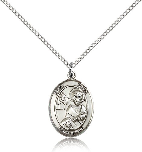 St. Mark the Evangelist Medal, Sterling Silver, Medium - 18&quot; 1.2mm Sterling Silver Chain + Clasp