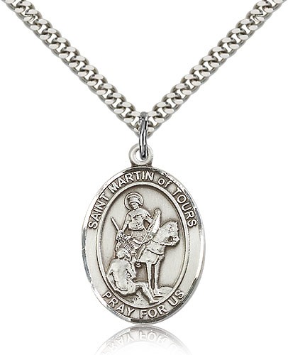 St. Martin of Tours Medal, Sterling Silver, Large - 24&quot; 2.4mm Rhodium Plate Chain + Clasp