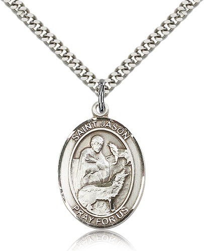 St. Jason Medal, Sterling Silver, Large - 24&quot; 2.4mm Rhodium Plate Chain + Clasp