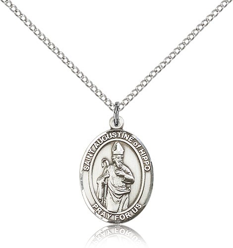 St. Augustine of Hippo Medal, Sterling Silver, Medium - 18&quot; 1.2mm Sterling Silver Chain + Clasp